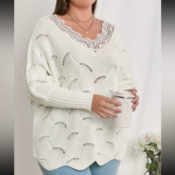 Boho Sheer Mesh Lace V Neck Long Cuff Sleeve Knit Sweater Top - Picture 1 of 5